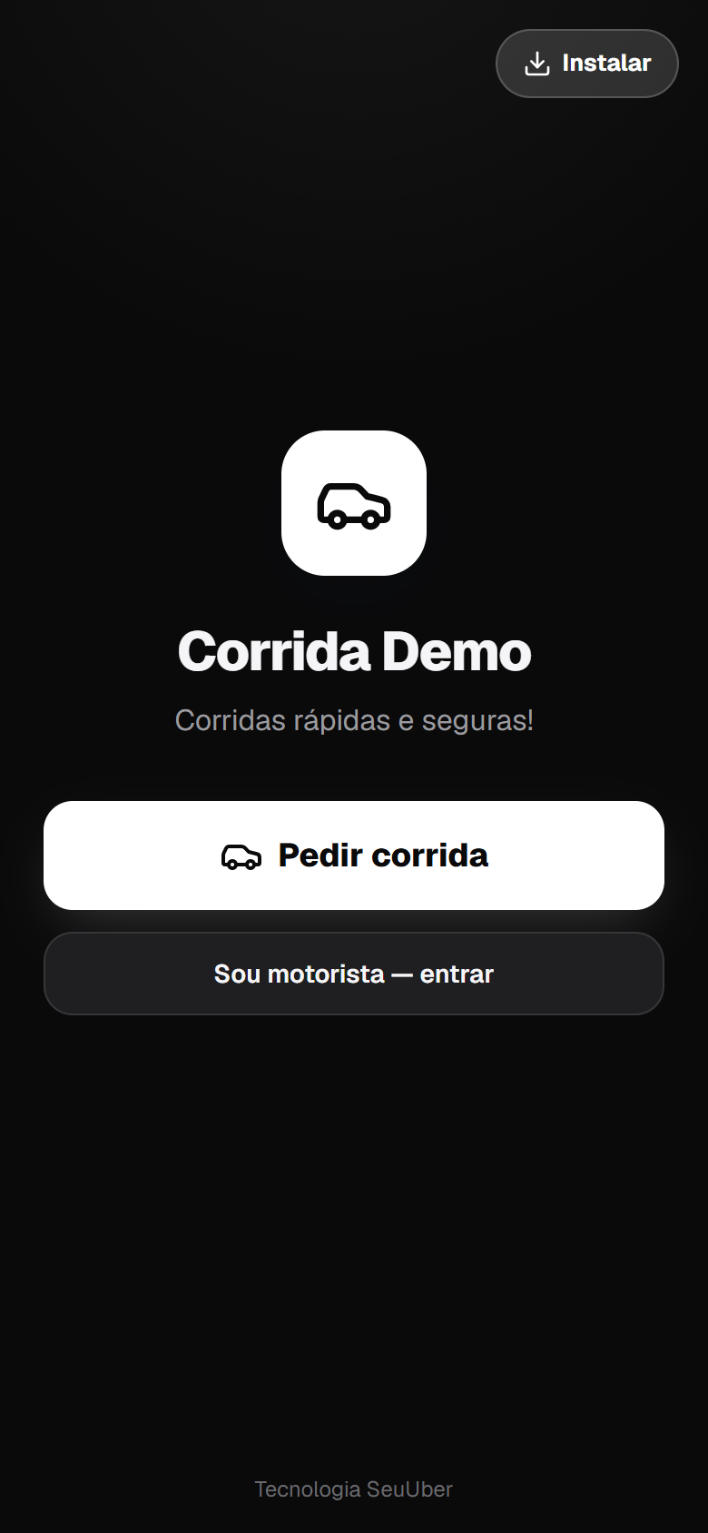 App de corridas com a marca do operador — tela de boas-vindas