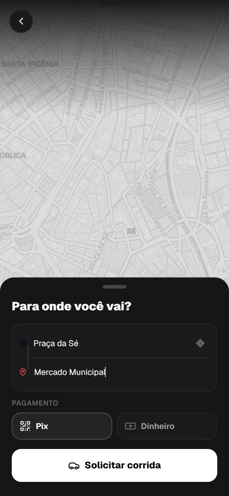 Pedir corrida com rota e pagamento por Pix