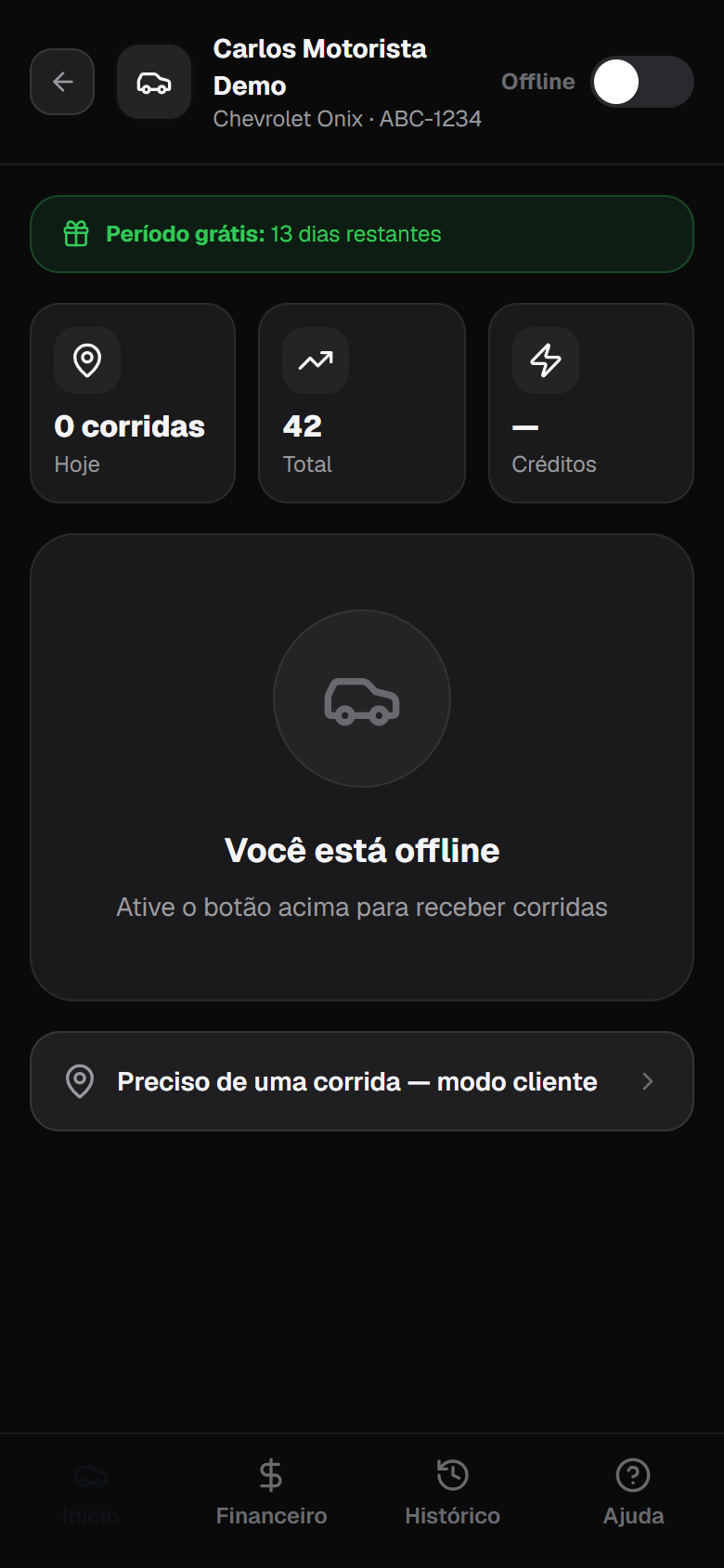Painel do motorista — corridas, ganhos e status online